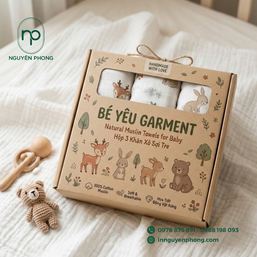 in hộp đựng khăn xô, khăn sữa cho em bé